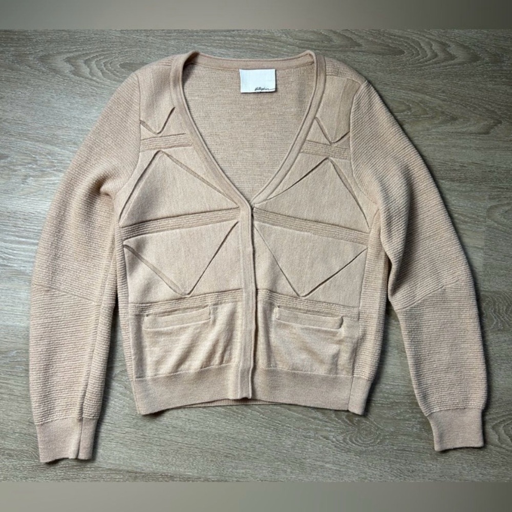 3.1 Phillip Lim Cardigan Womens S Tan Merino Wool Geometric Archival Y2K